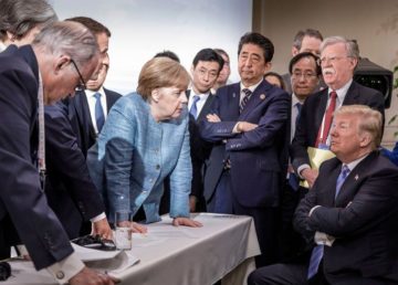 German government handout photo of Merkel, Trump and Macron at G7 summit