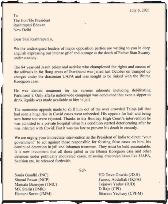 Opposition leaders' letter to President of India